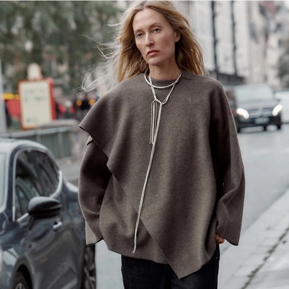 ZARA SHAWL COLLAR KNIT CAPE COAT WITH ASYMMETRICAL SCARF - WOOL BLEND
